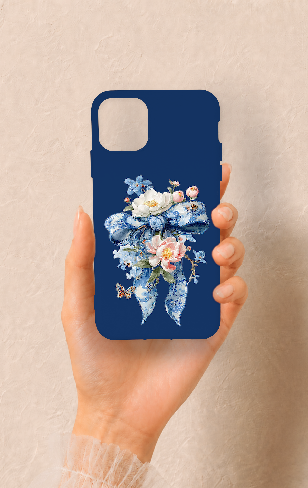 iPhone 11 Pro Max Uyumlu Mavi Kurdeleli Çiçek Desenli Silikon Kılıf