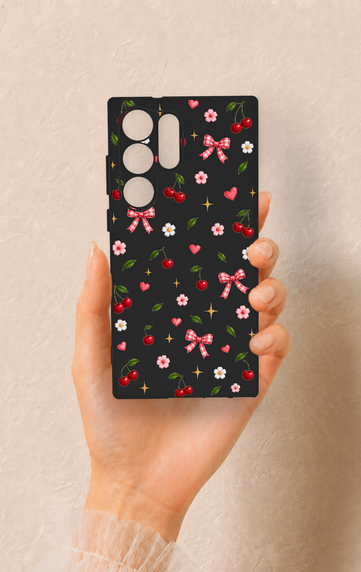 Samsung S23 Ultra Uyumlu Papatya Kiraz Fiyonk Desenli Silikon Kılıf