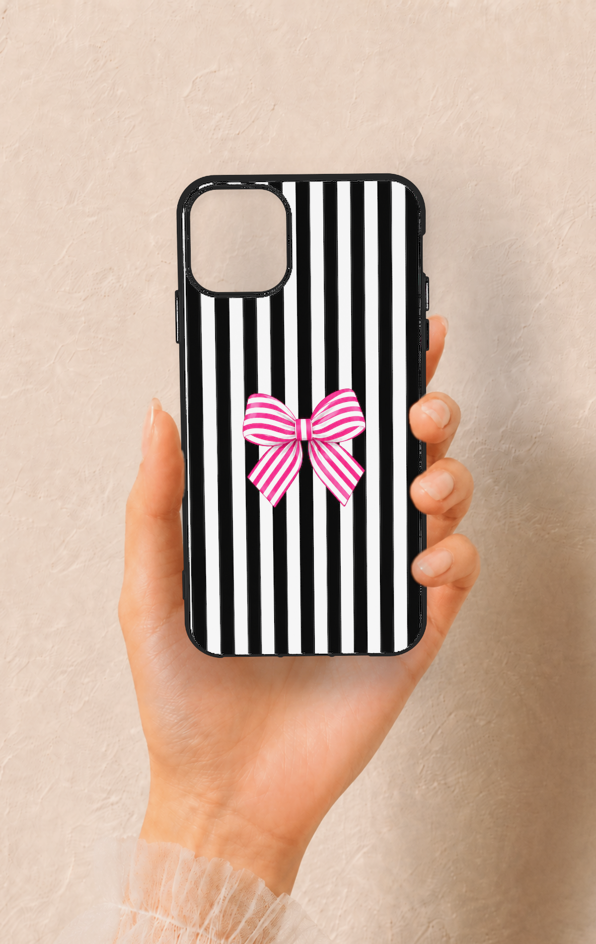 iPhone 11 Pro Max Uyumlu Pembe Beyaz Kurdele Desenli Silikon Kılıf