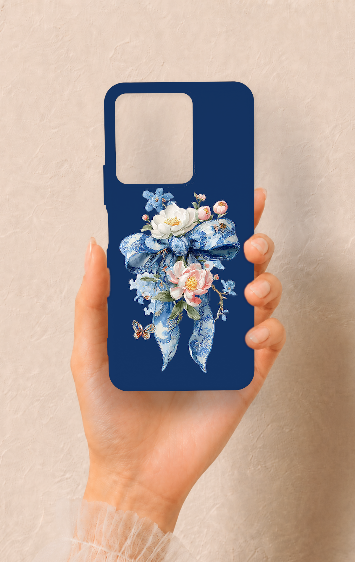 Vivo Y35 Uyumlu Mavi Kurdeleli Çiçek Desenli Silikon Kılıf