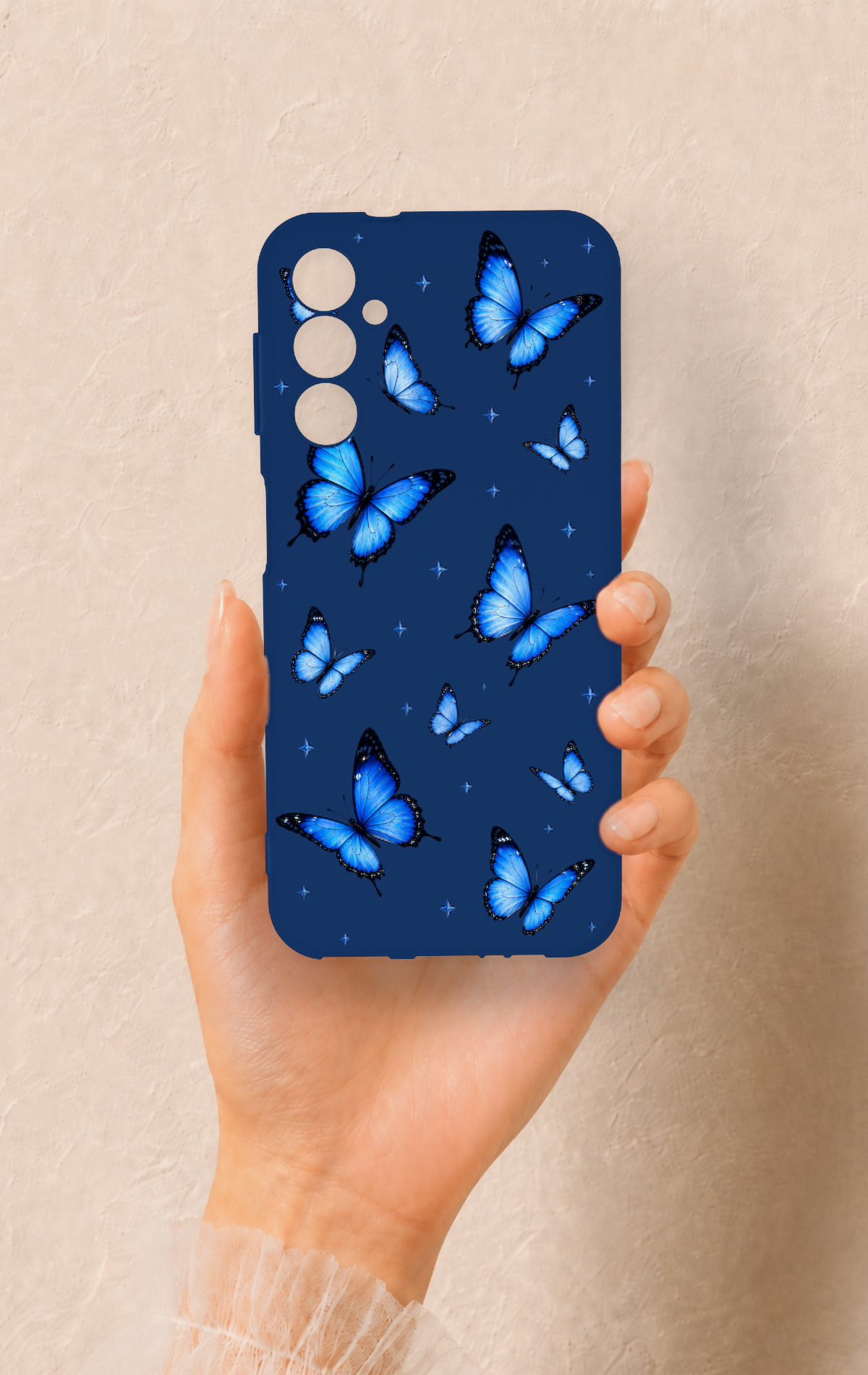 Samsung A14 Uyumlu Parlak Mavi Kelebek Desenli Silikon Kılıf