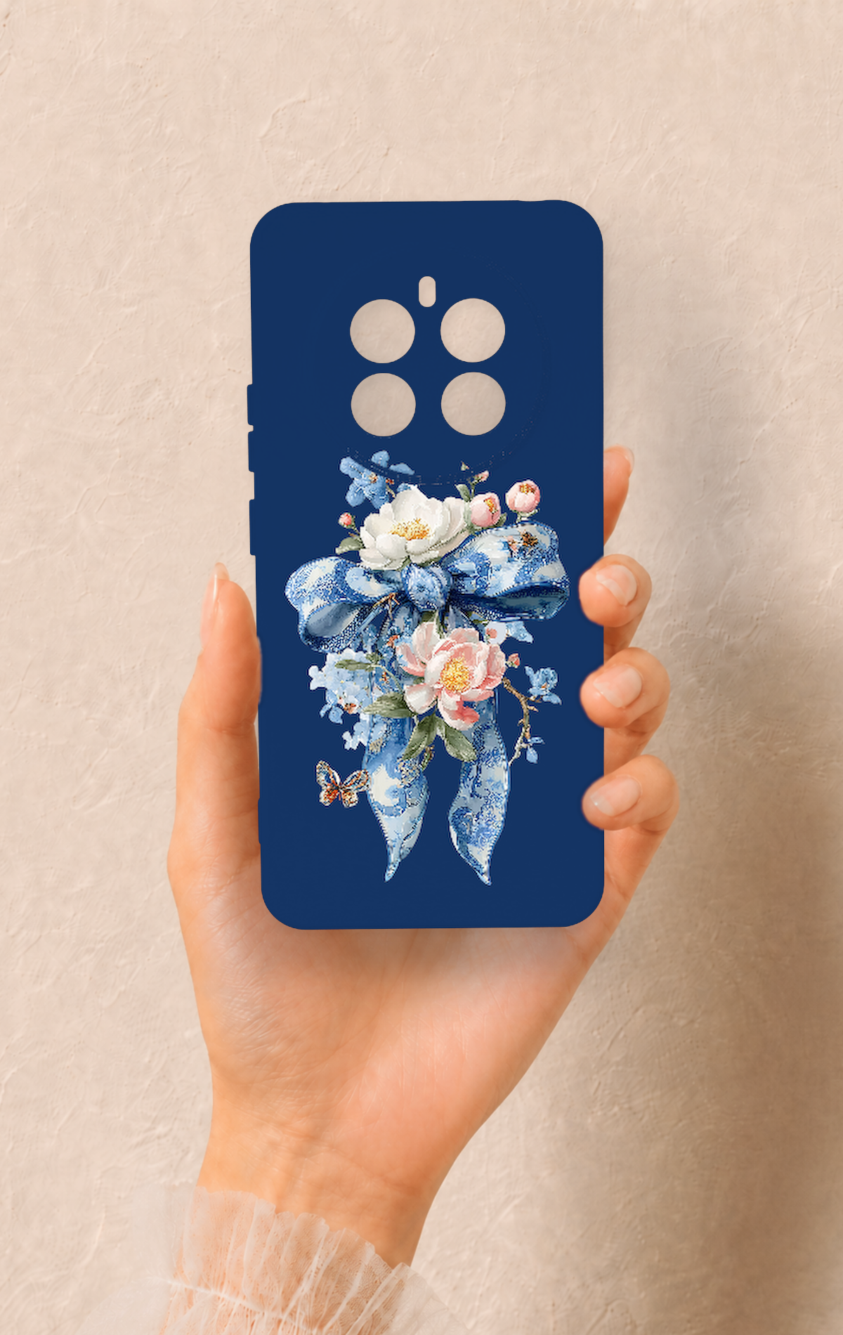 Realme 12 4G Uyumlu Mavi Kurdeleli Çiçek Desenli Silikon Kılıf