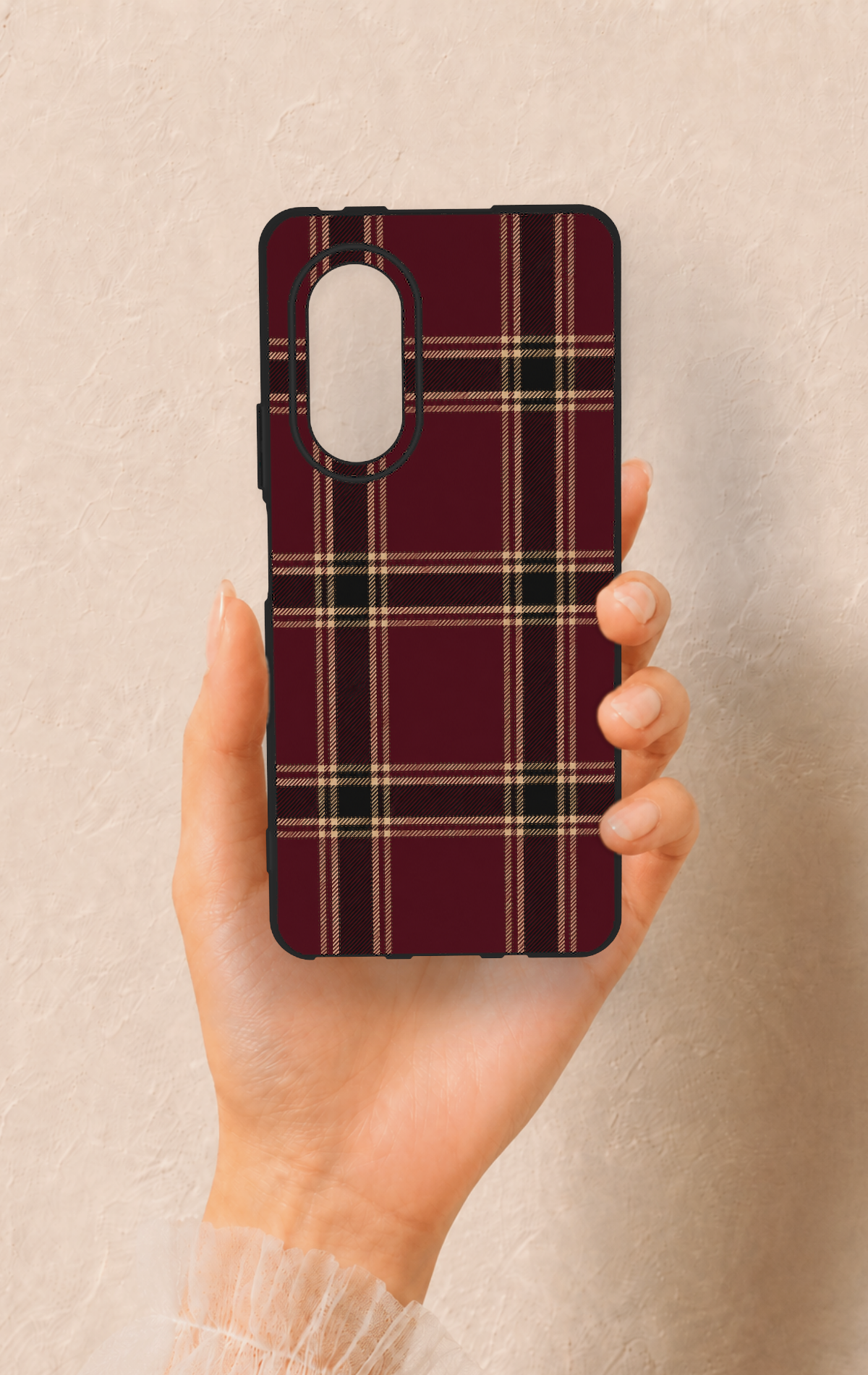 Huawei Nova 9Se Uyumlu Bordo Siyah Ekose Desenli Silikon Kılıf