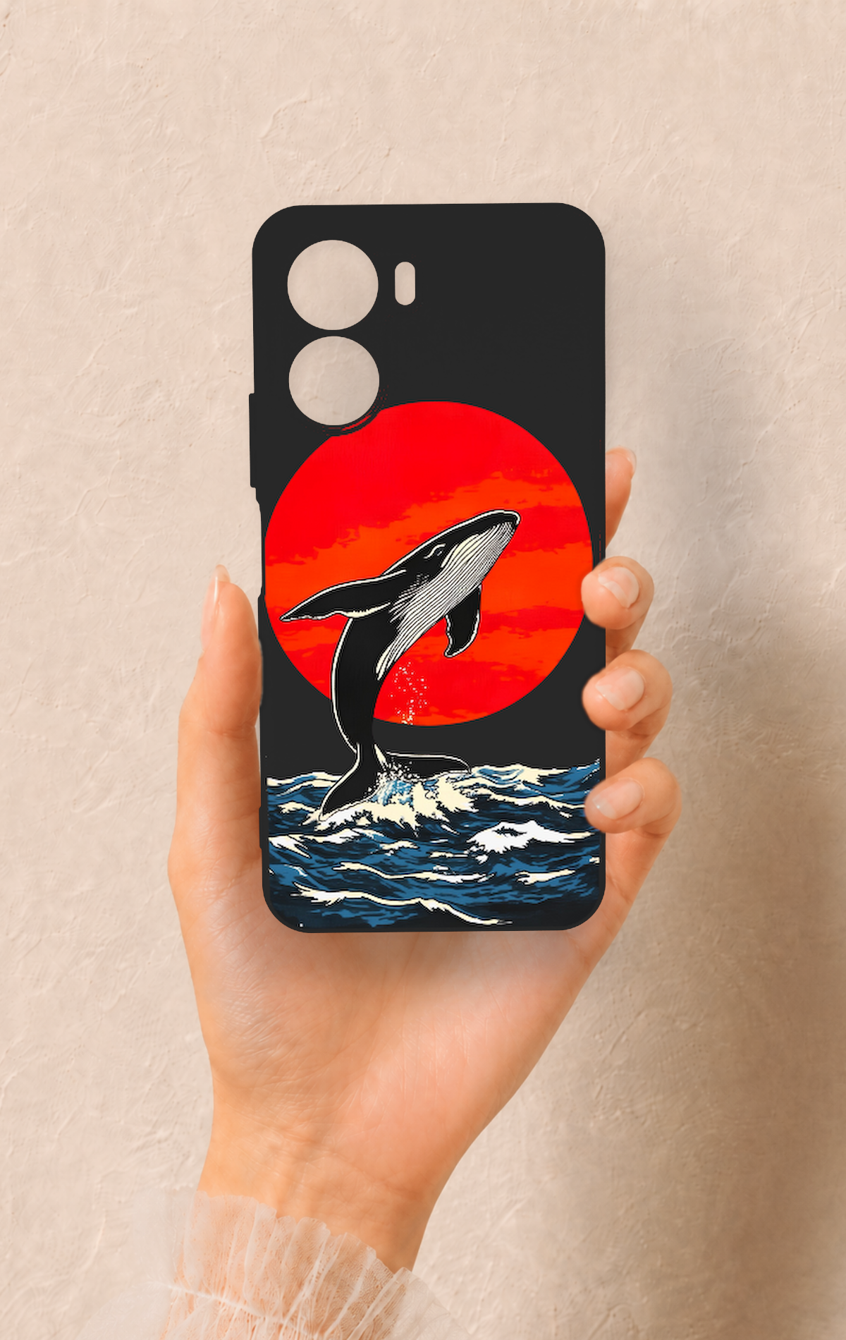 Vivo Y16 Uyumlu Kırmızı Güneş Balina Desenli Silikon Kılıf