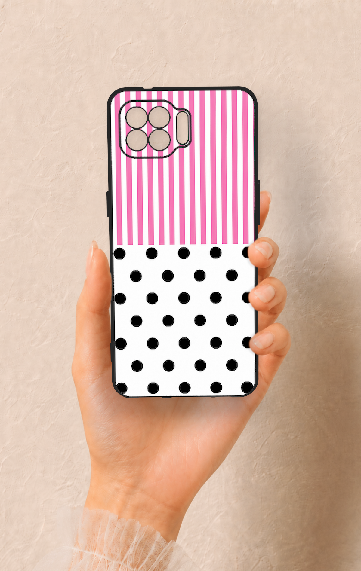 Oppo Reno 4 Lite Uyumlu Pembe Çizgili Puantiye Desenli Silikon Kılıf