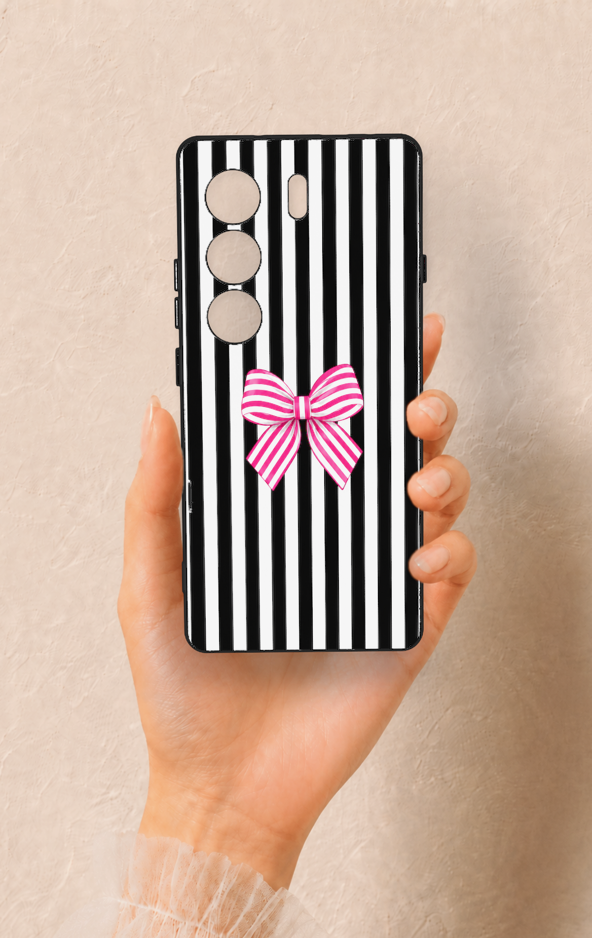 Tecno Camon 40 4G Uyumlu Pembe Beyaz Kurdele Desenli Silikon Kılıf