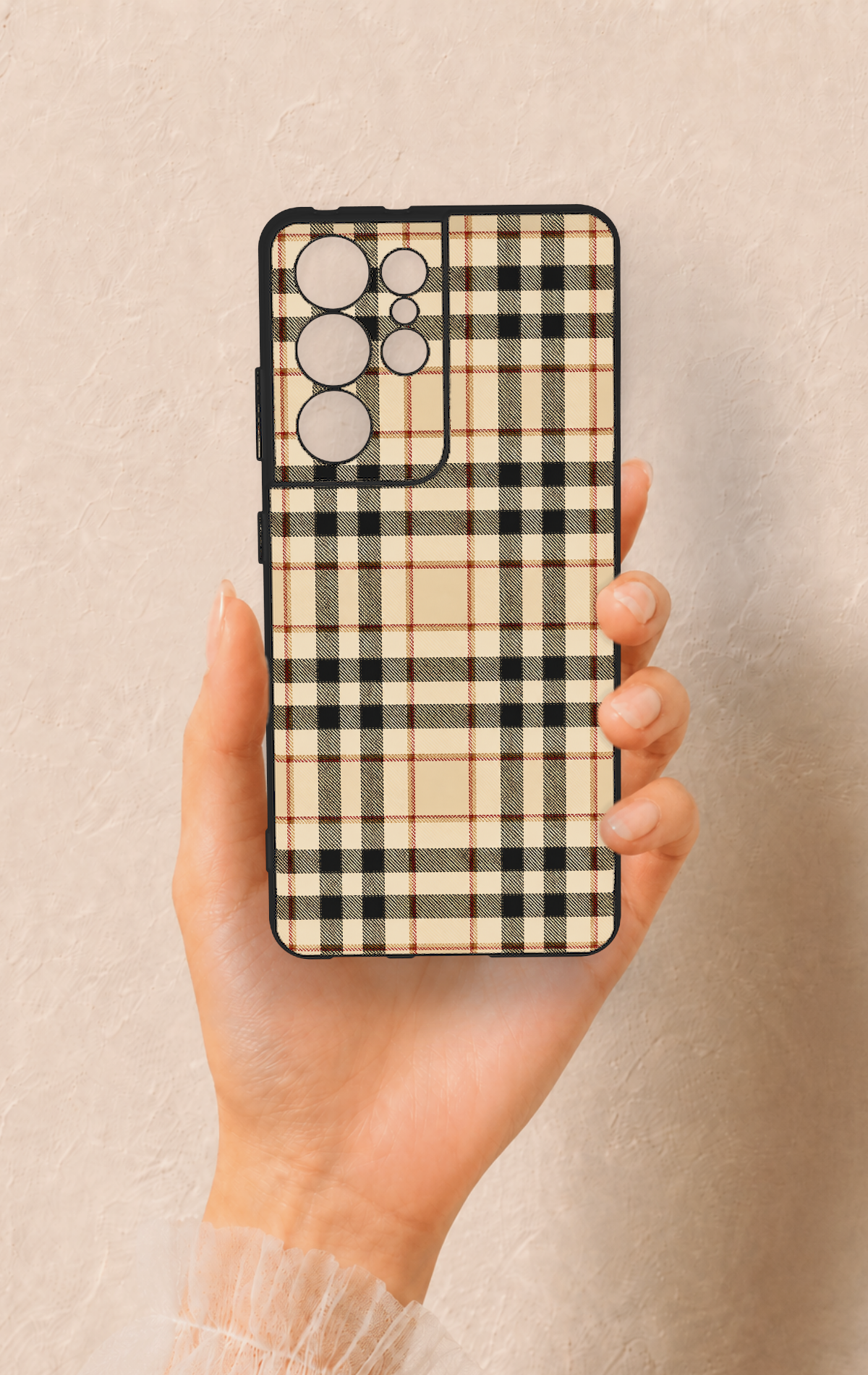 Samsung S21 Ultra Uyumlu Karamel Siyah Ekose Desenli Silikon Kılıf