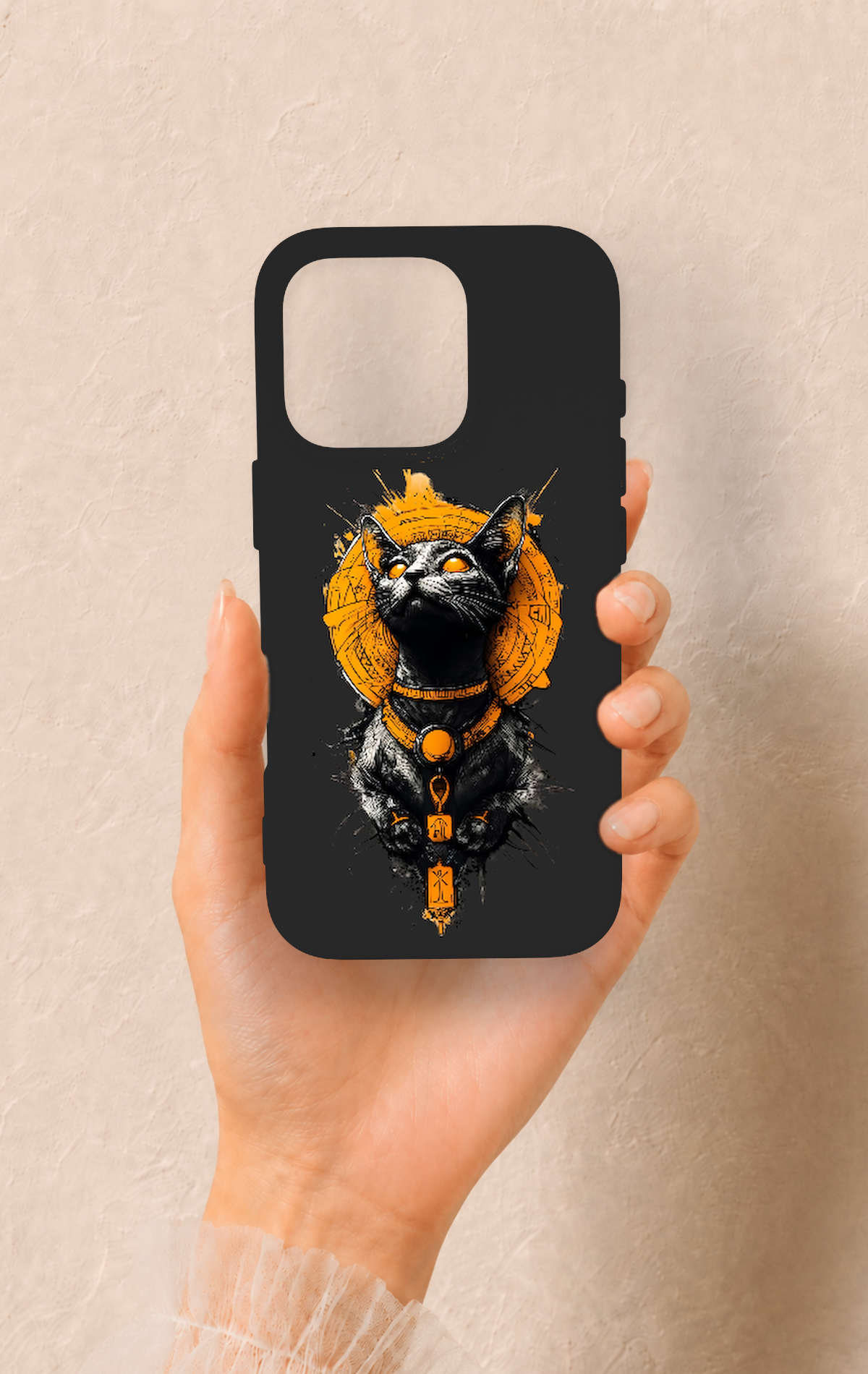 iPhone 16 Pro Uyumlu Mısırlı Kedi Tanrısı Desenli Silikon Kılıf