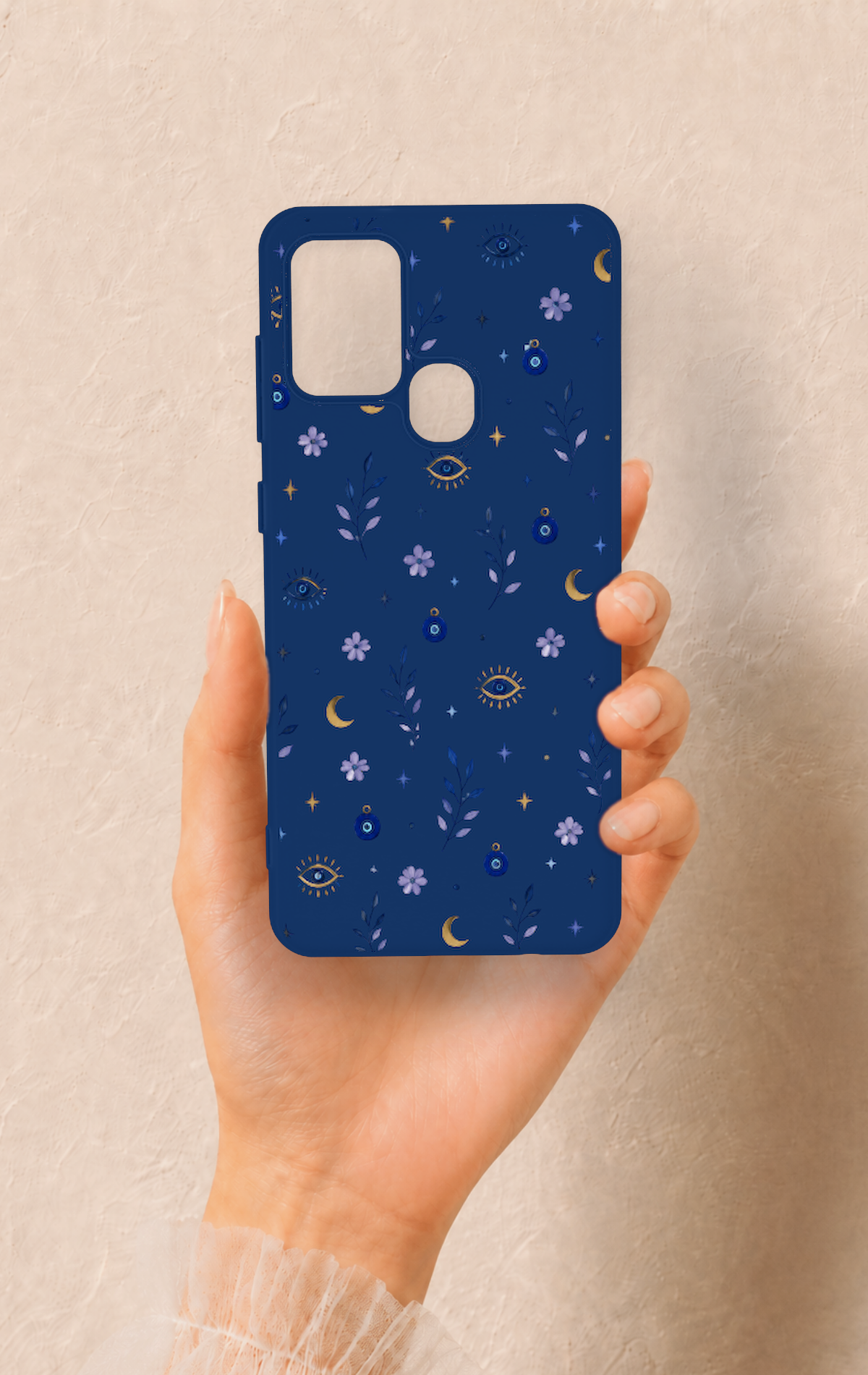 Samsung A21S Uyumlu Mavi Nazar Papatya Desenli Silikon Kılıf