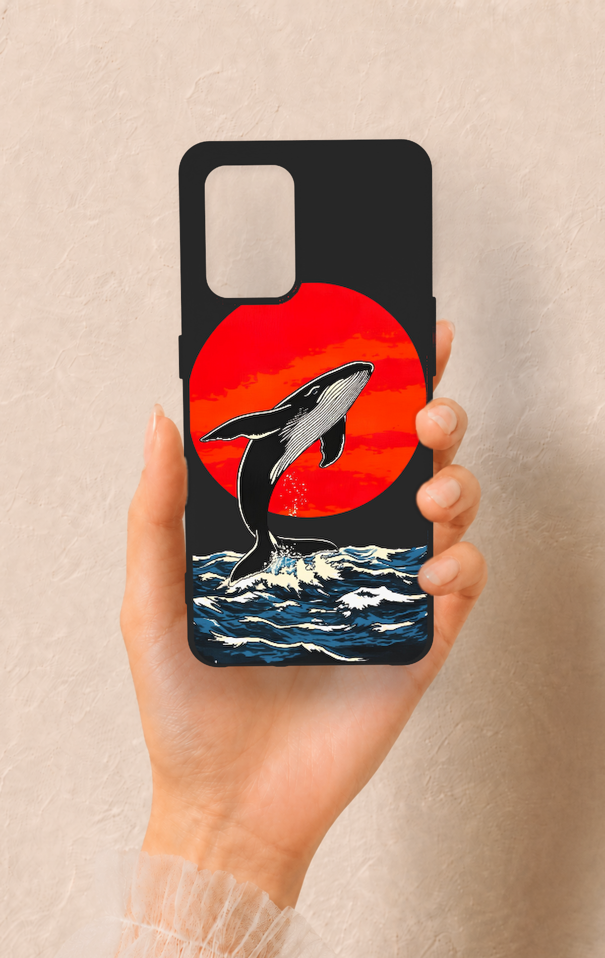Oppo-A74 Uyumlu Kırmızı Güneş Balina Desenli Silikon Kılıf