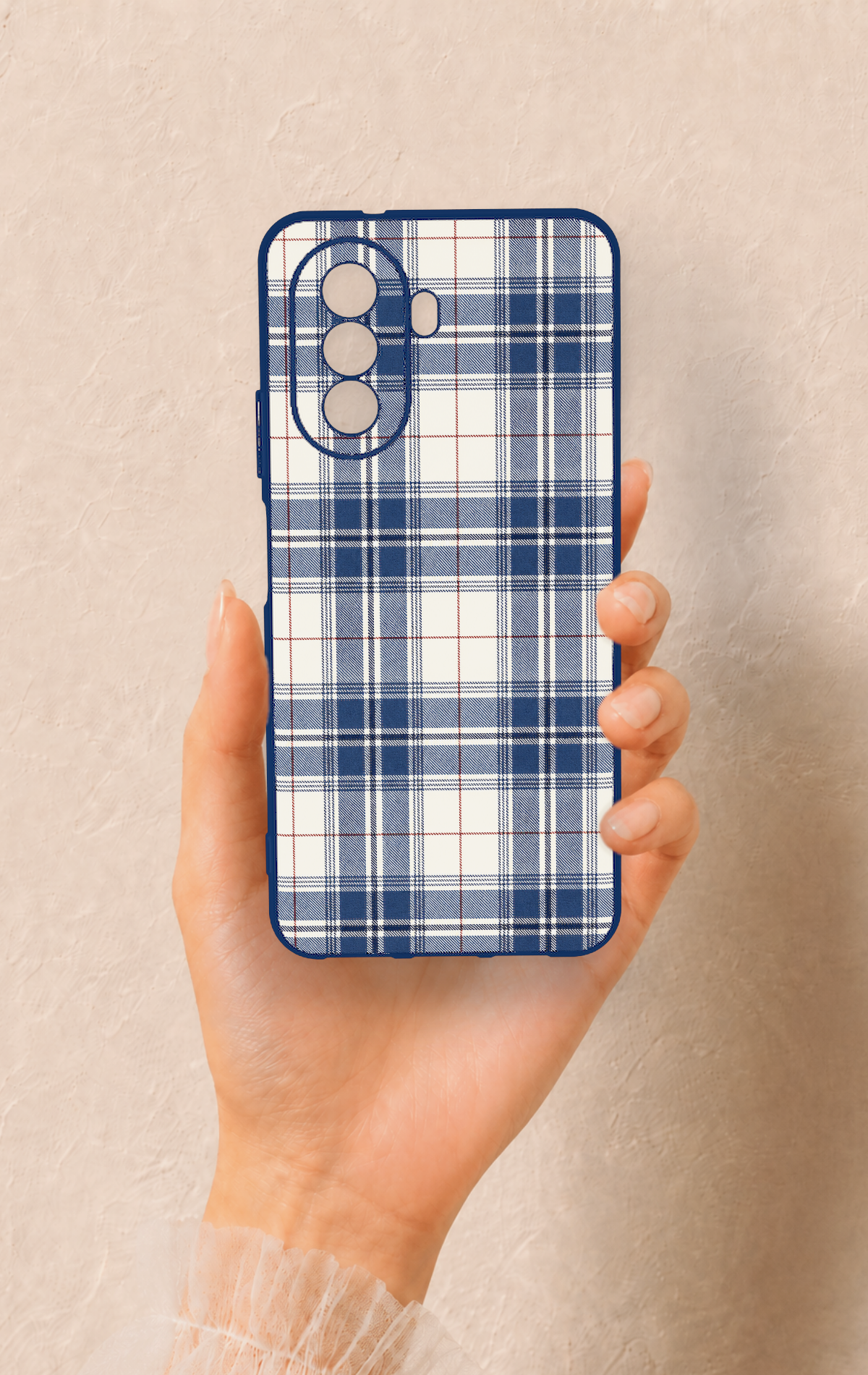 Huawei Nova Y70 Uyumlu Bej Lacivert Ekose Desenli Silikon Kılıf