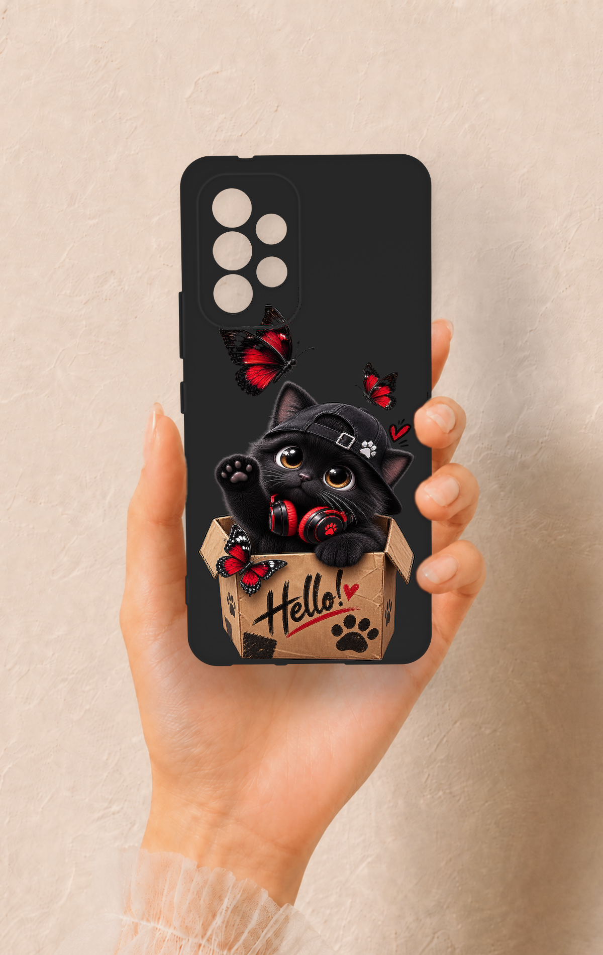 Samsung A53 Uyumlu Hello Cat Desenli Silikon Kılıf