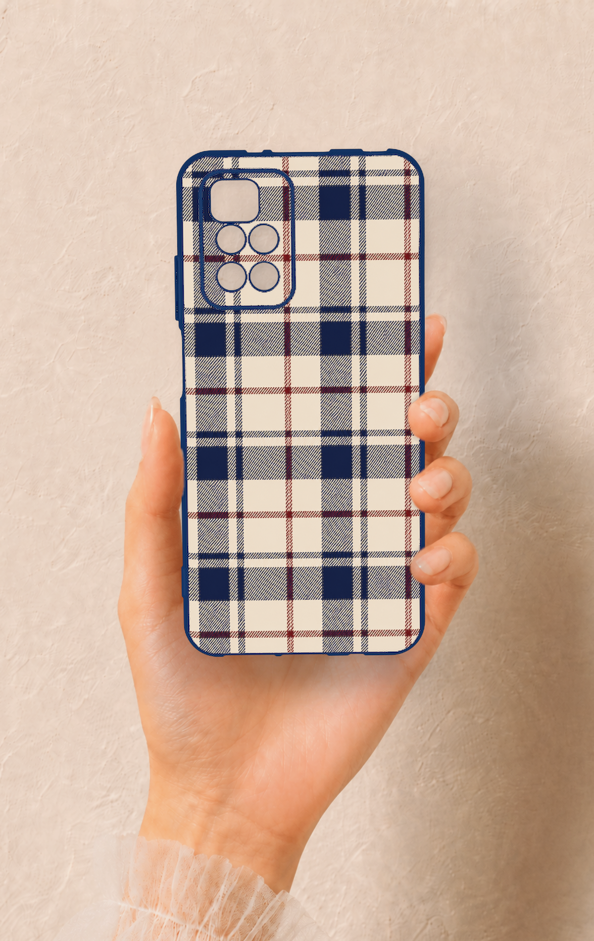Redmi 10 2022 Uyumlu Mavi Bordo Çizgili Ekose Desenli Silikon Kılıf