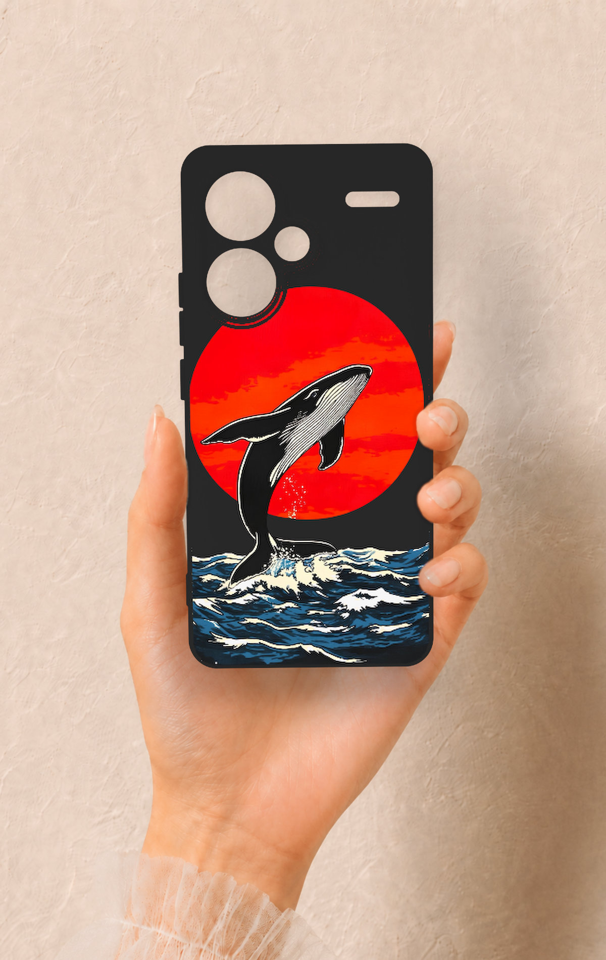 Redmi Note 13 Pro Plus Uyumlu Kırmızı Güneş Balina Desenli Silikon Kılıf