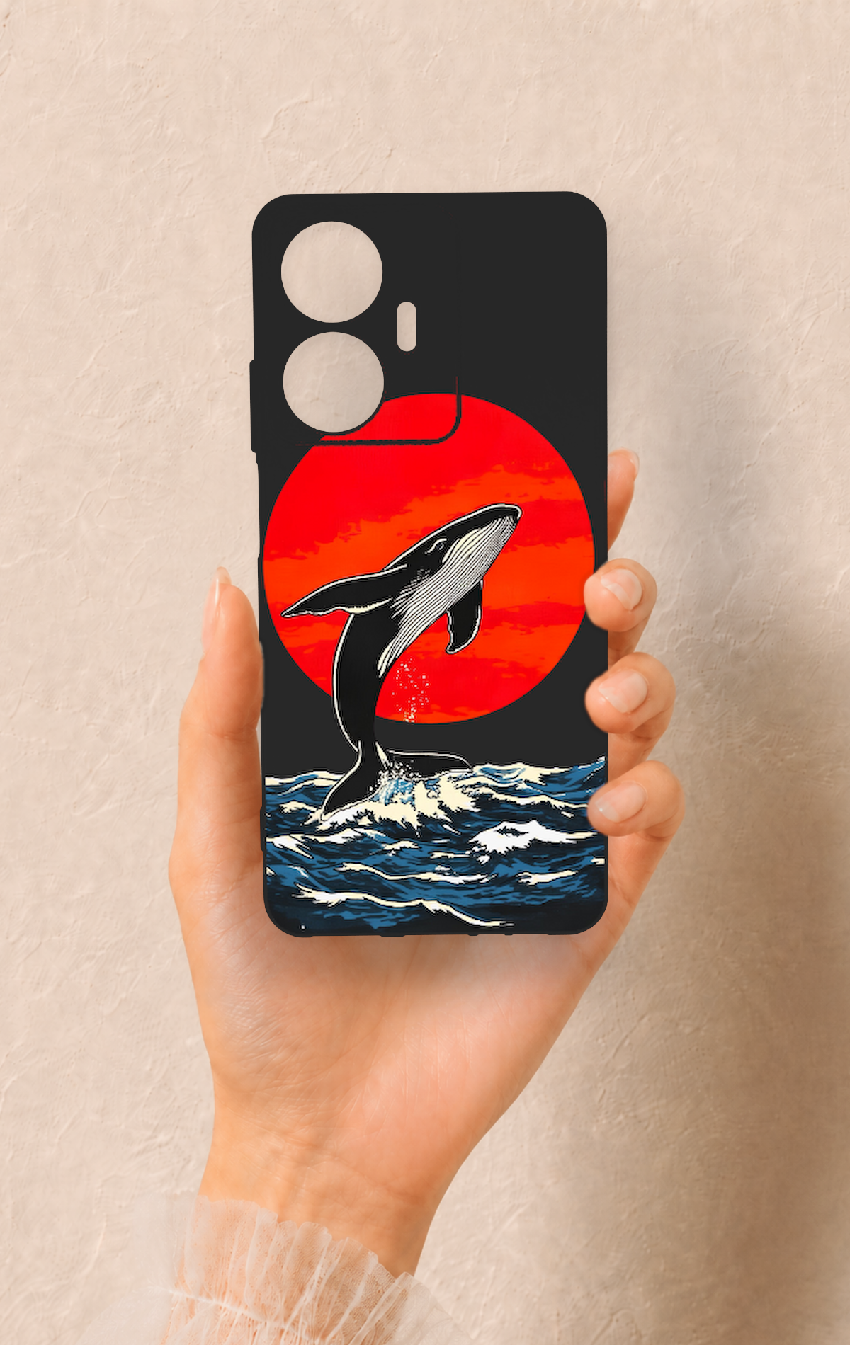 Realme C55 Uyumlu Kırmızı Güneş Balina Desenli Silikon Kılıf