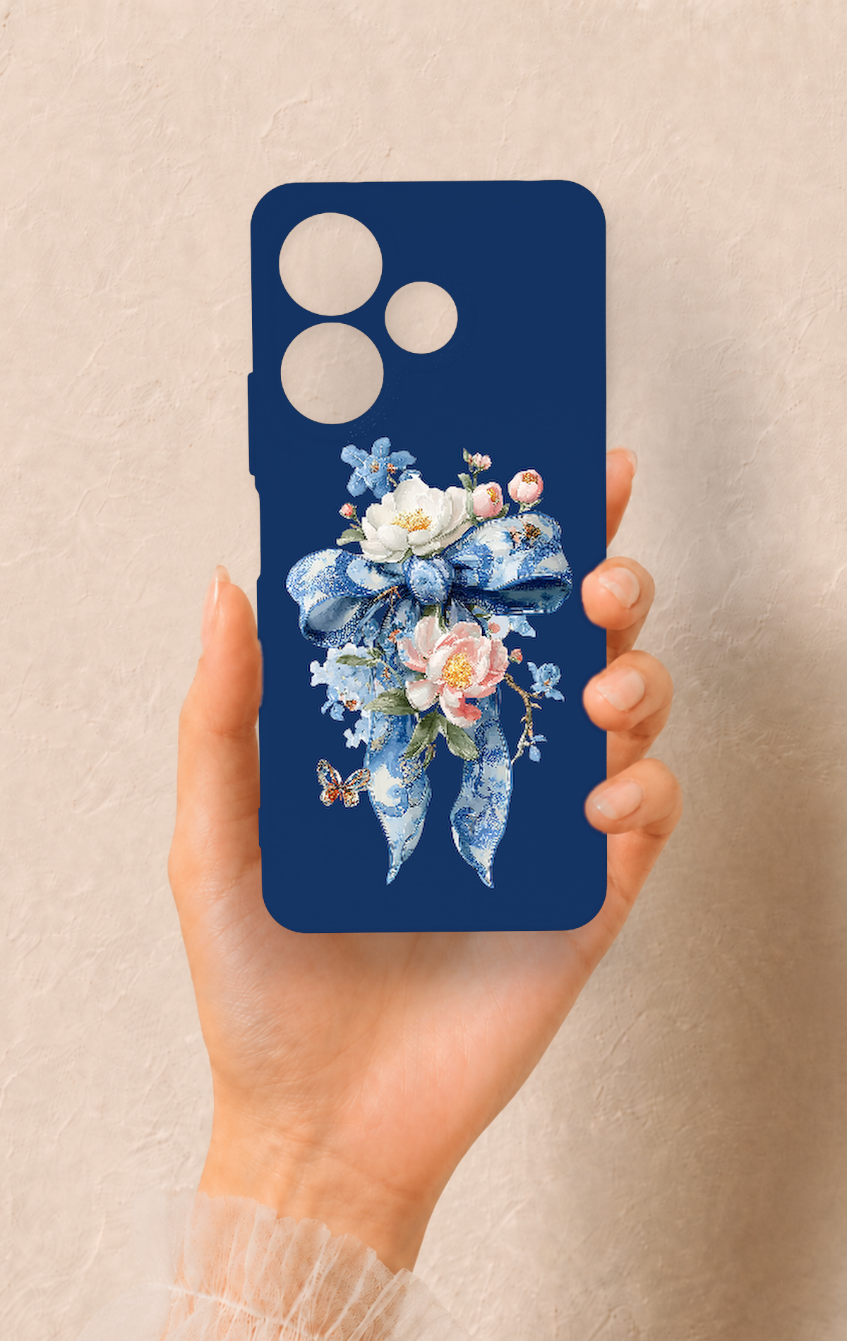 Redmi 13 4G Uyumlu Mavi Kurdeleli Çiçek Desenli Silikon Kılıf