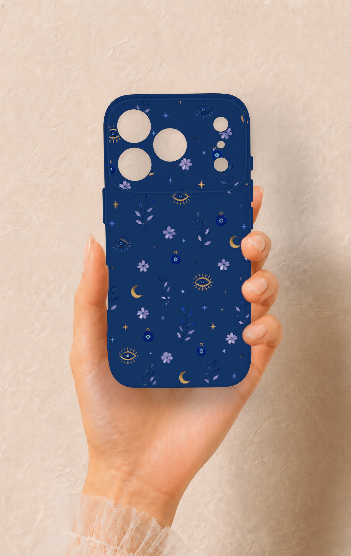 iPhone 17 Pro Uyumlu Mavi Nazar Papatya Desenli Silikon Kılıf
