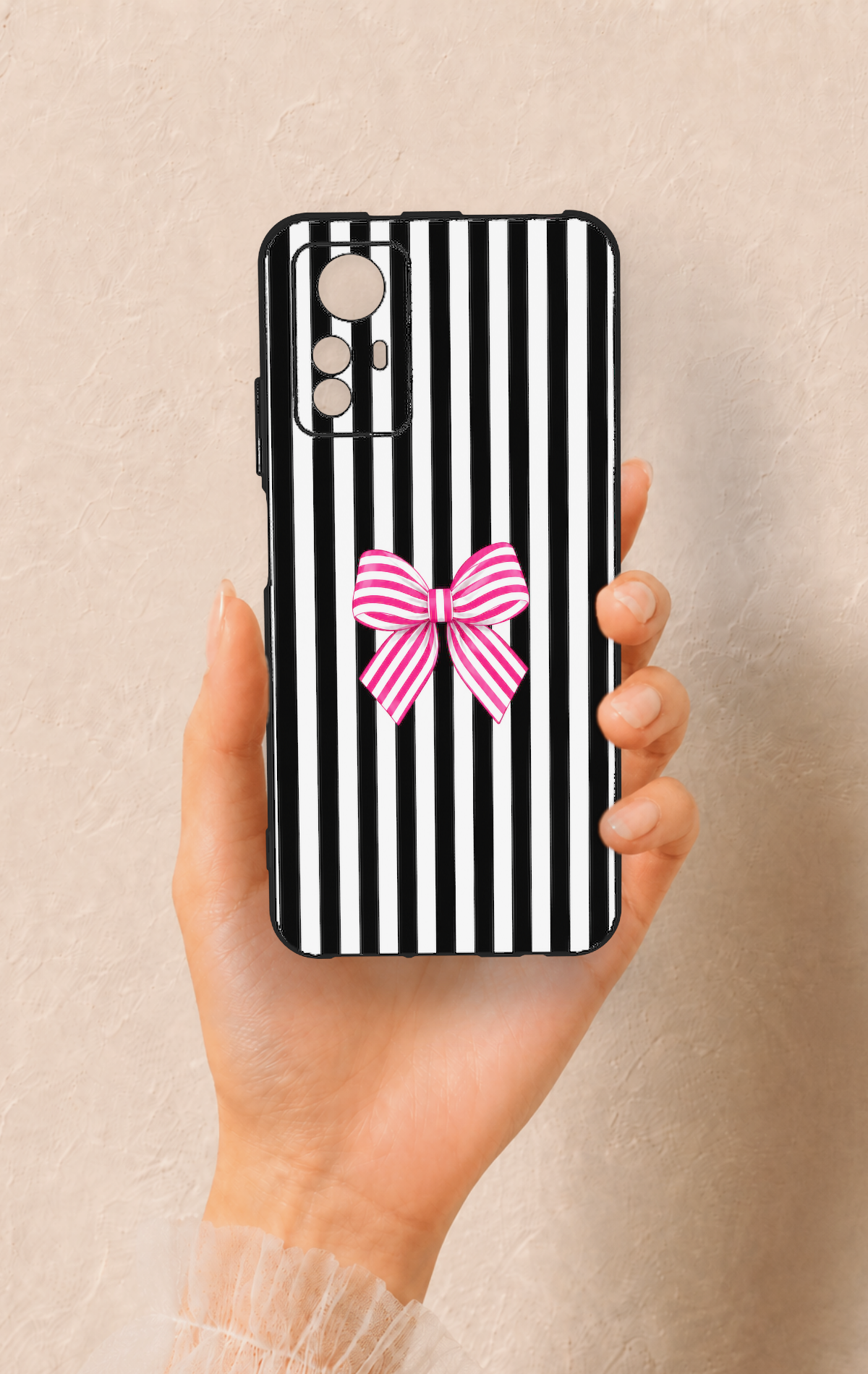 Redmi Note 12S Uyumlu Pembe Beyaz Kurdele Desenli Silikon Kılıf