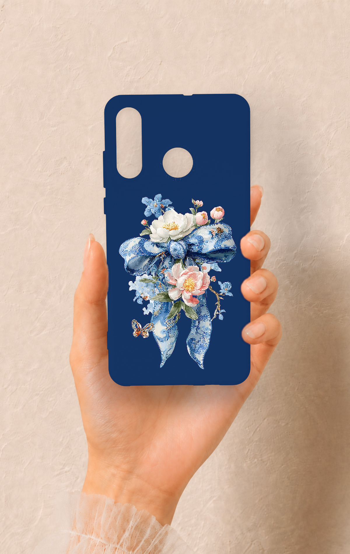 Huawei P30 Lite Uyumlu Mavi Kurdeleli Çiçek Desenli Silikon Kılıf
