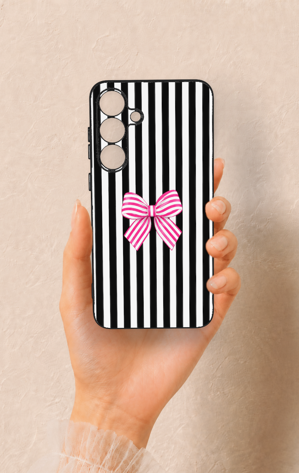 Samsung S25 Plus Uyumlu Pembe Beyaz Kurdele Desenli Silikon Kılıf