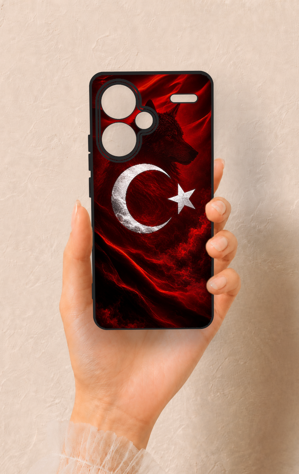 Redmi Note 13 Pro Plus Uyumlu Kurt Türk Bayrağı Desenli Silikon Kılıf