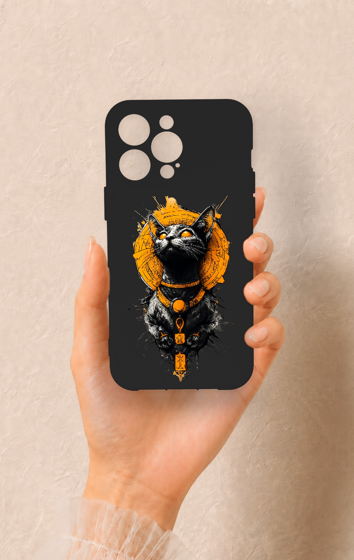 iPhone 14 Pro Max Uyumlu Mısırlı Kedi Tanrısı Desenli Silikon Kılıf