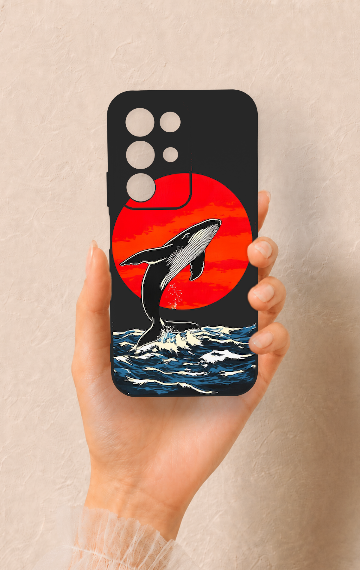 Realme C85 5G Uyumlu Kırmızı Güneş Balina Desenli Silikon Kılıf