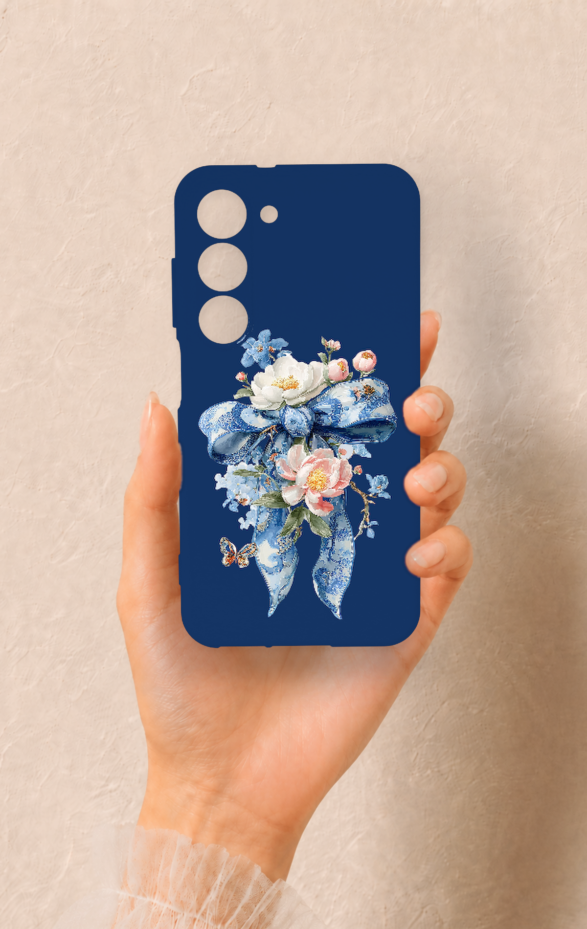 Samsung S23 Uyumlu Mavi Kurdeleli Çiçek Desenli Silikon Kılıf