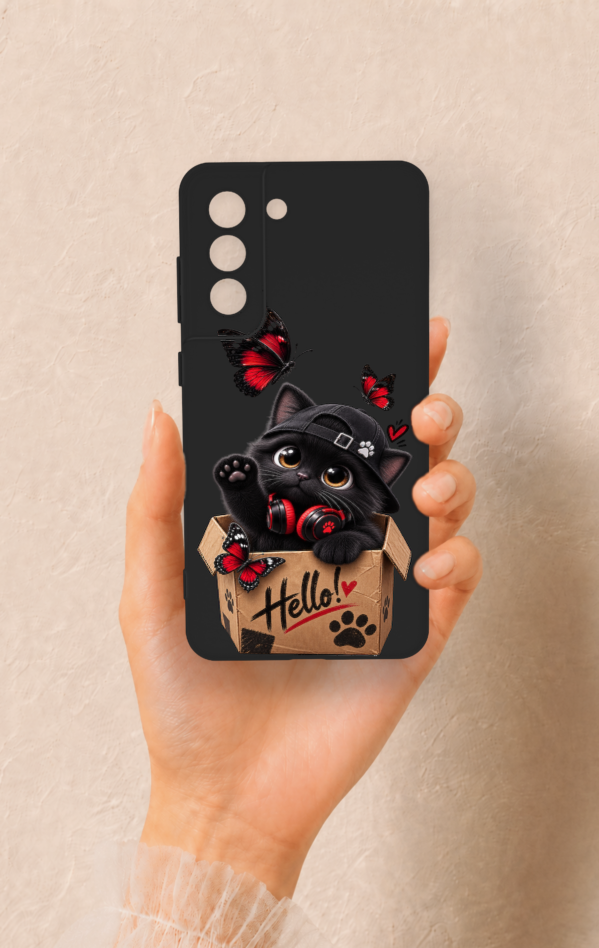 Samsung-S21FE Uyumlu Hello Cat Desenli Silikon Kılıf