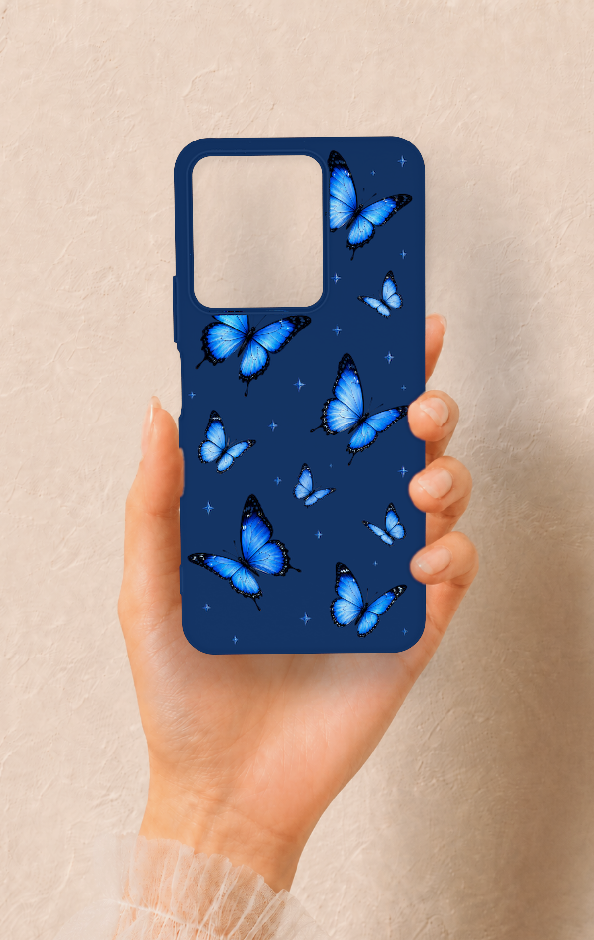 Vivo Y35 Uyumlu Parlak Mavi Kelebek Desenli Silikon Kılıf