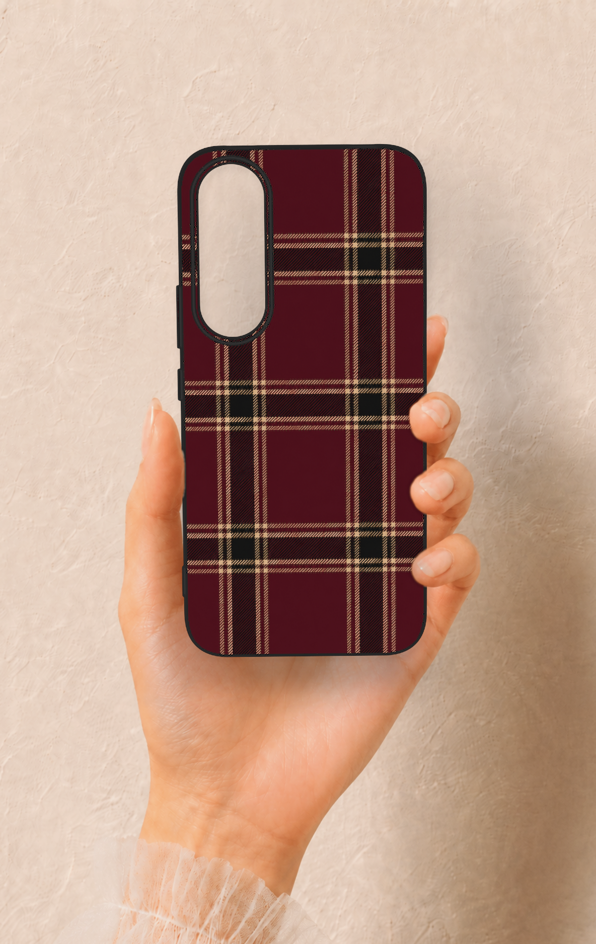Vivo V70 FE 5G Uyumlu Bordo Siyah Ekose Desenli Silikon Kılıf