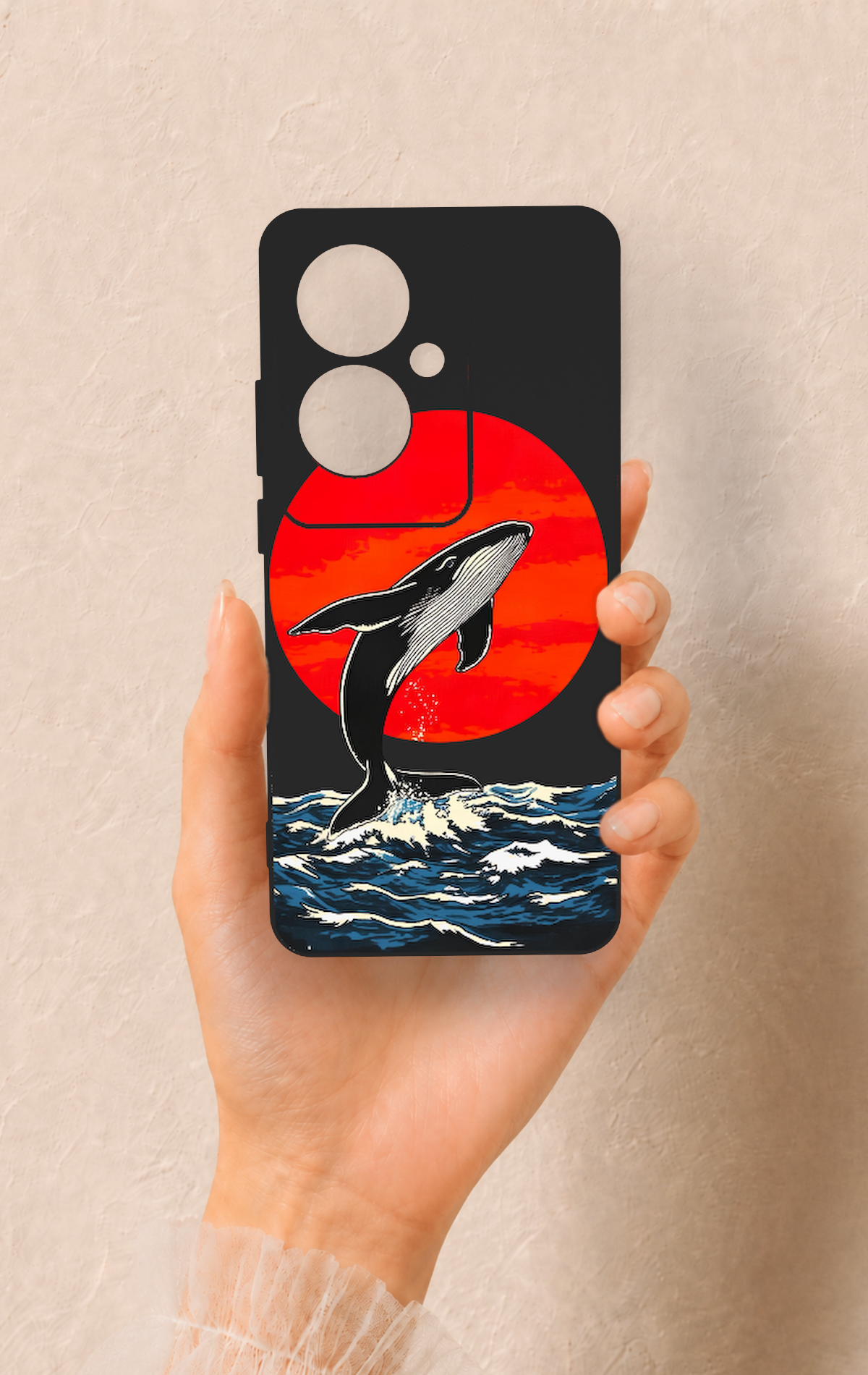 Oppo Reno 11F Uyumlu Kırmızı Güneş Balina Desenli Silikon Kılıf