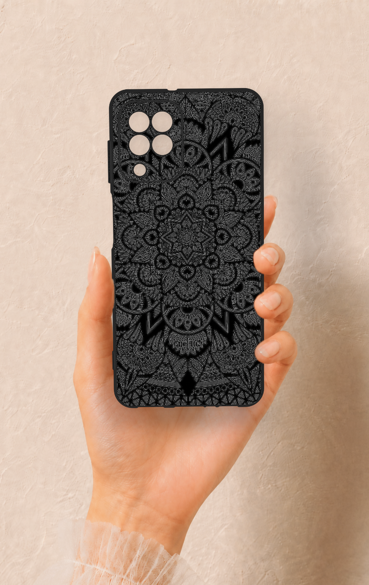 Samsung A22 Uyumlu Siyah Beyaz Mandala Desenli Silikon Kılıf