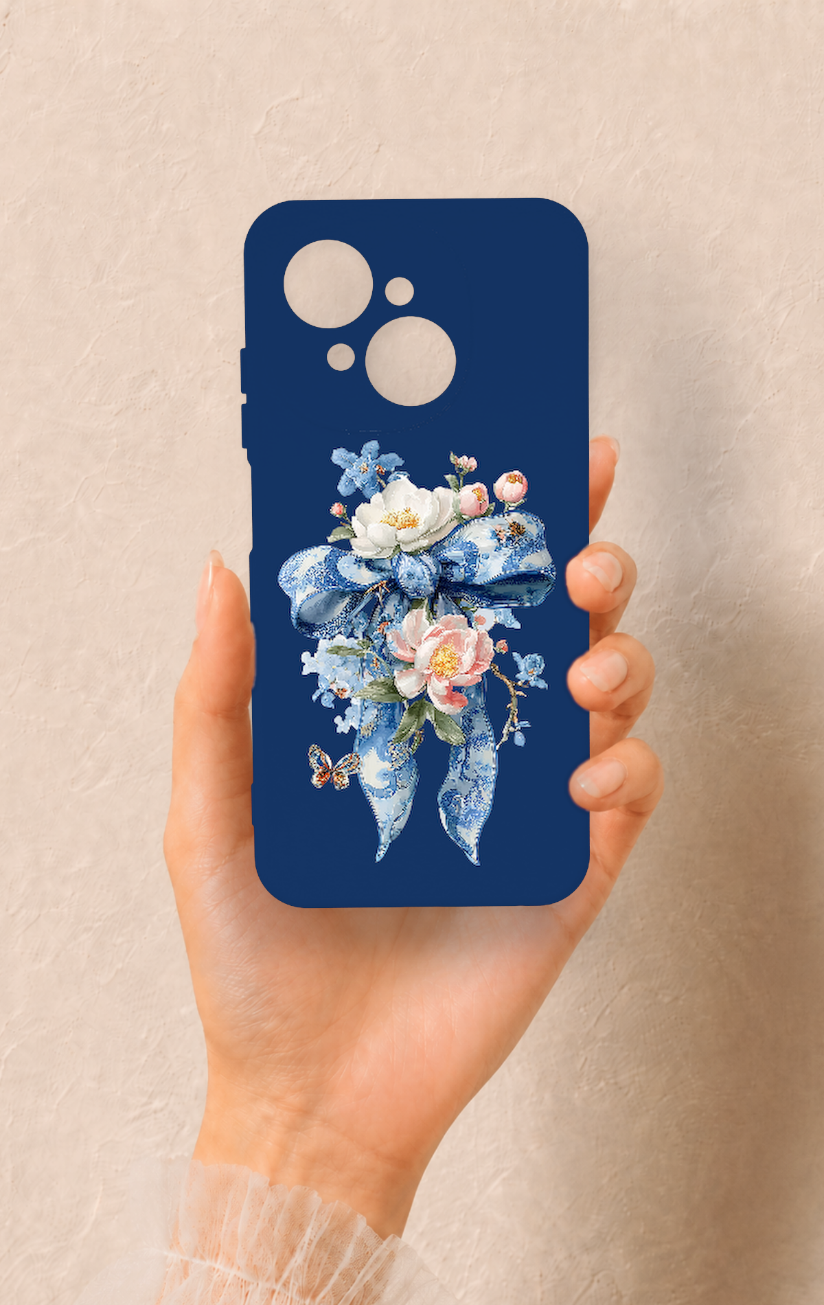 Tecno Spark Go1 Uyumlu Mavi Kurdeleli Çiçek Desenli Silikon Kılıf