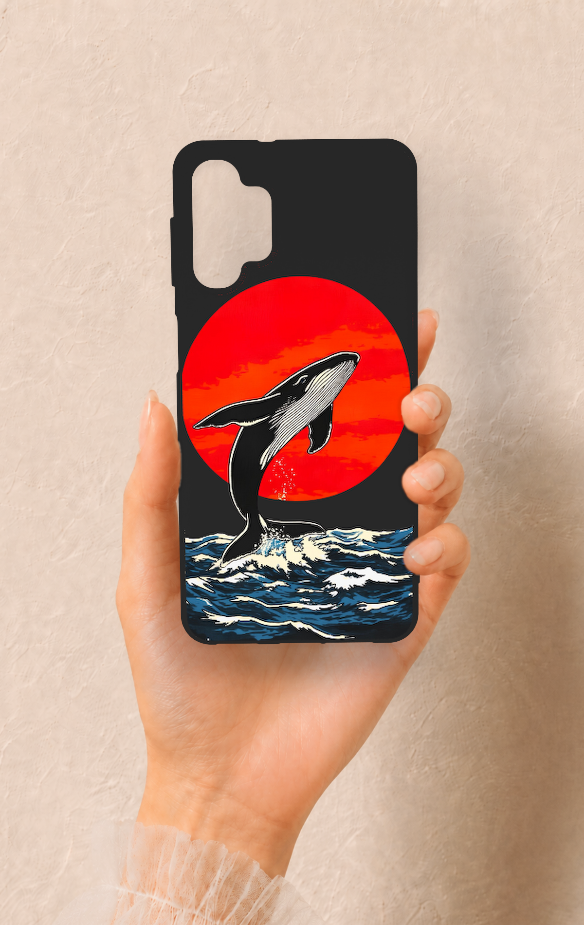 Samsung A32 Uyumlu Kırmızı Güneş Balina Desenli Silikon Kılıf