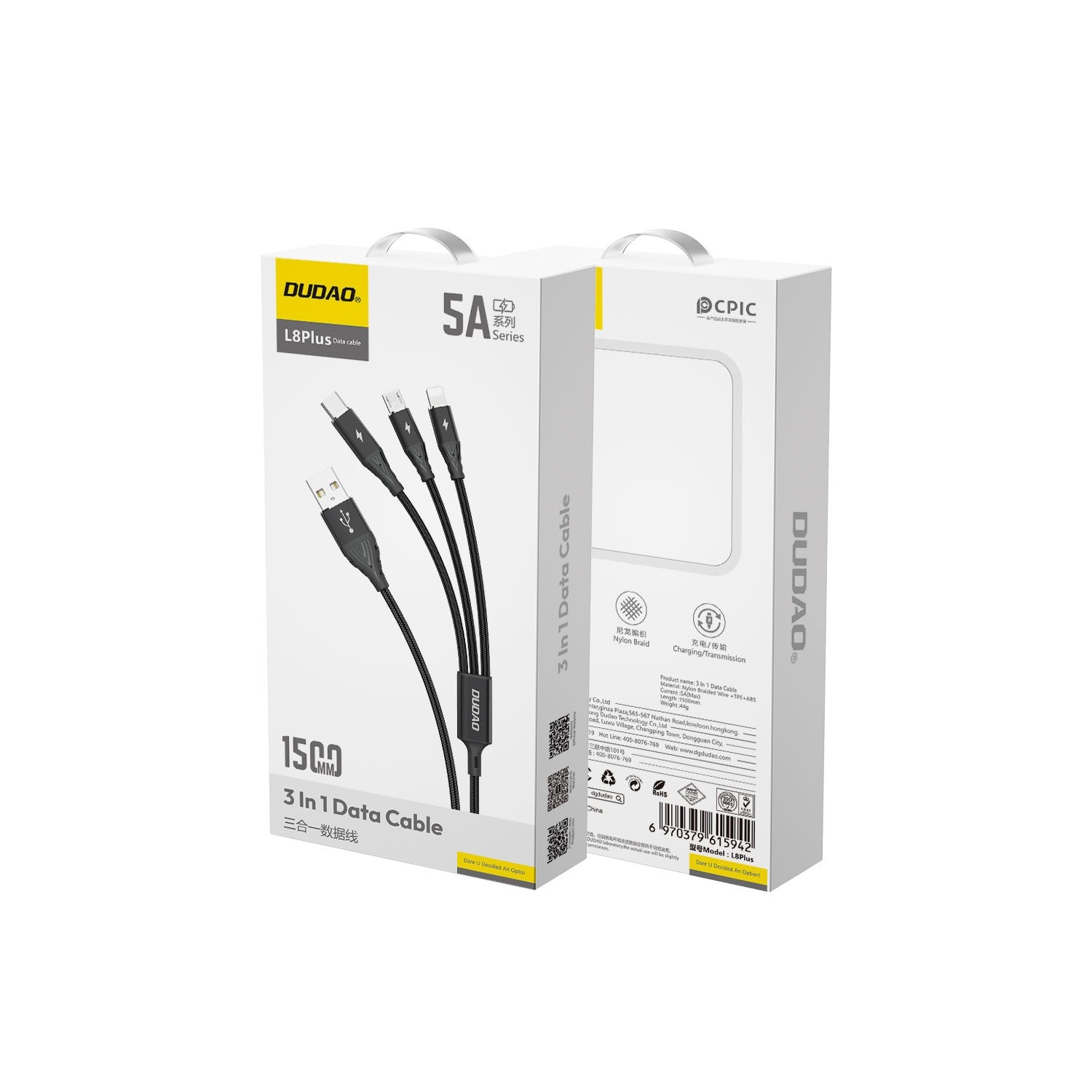 DUDAO L8PLUS Örgülü 3'ü 1 Arada Şarj Kablosu ve Data Kablosu (Veri Aktarma) (1.5 Metre)