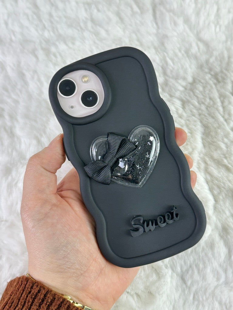 iPhone 15 Renkli Kalp Kurdele Detaylı Simli Dalgalı Sweety Kılıf