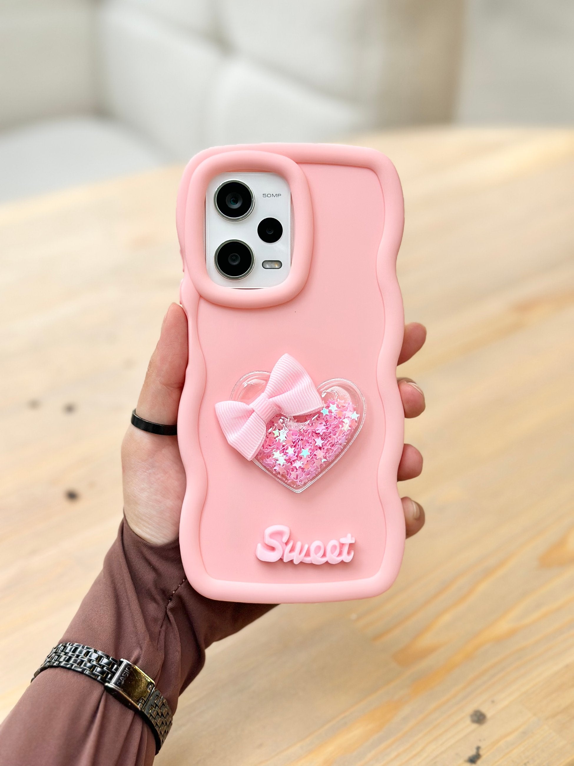 Redmi Note 12 Pro 5G Uyumlu Renkli Kalp Kurdele Detaylı Simli Dalgalı Sweety Kılıf