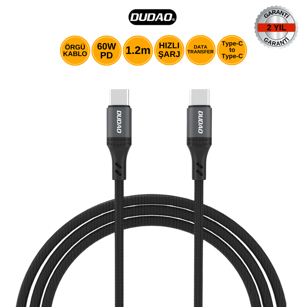 DUDAO L3CC 60W PD Type-C to Type-C Örgü Şarj Kablosu - 1.2m, 2 Yıl Garanti