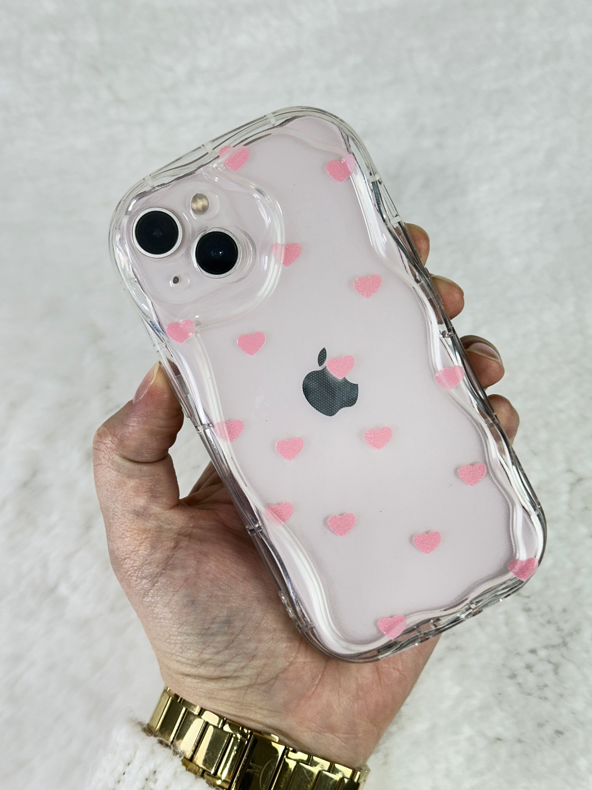 iPhone 13 Şeffaf Pembe Kalp Desenli Kamera Çıkıntılı Poly Kılıf