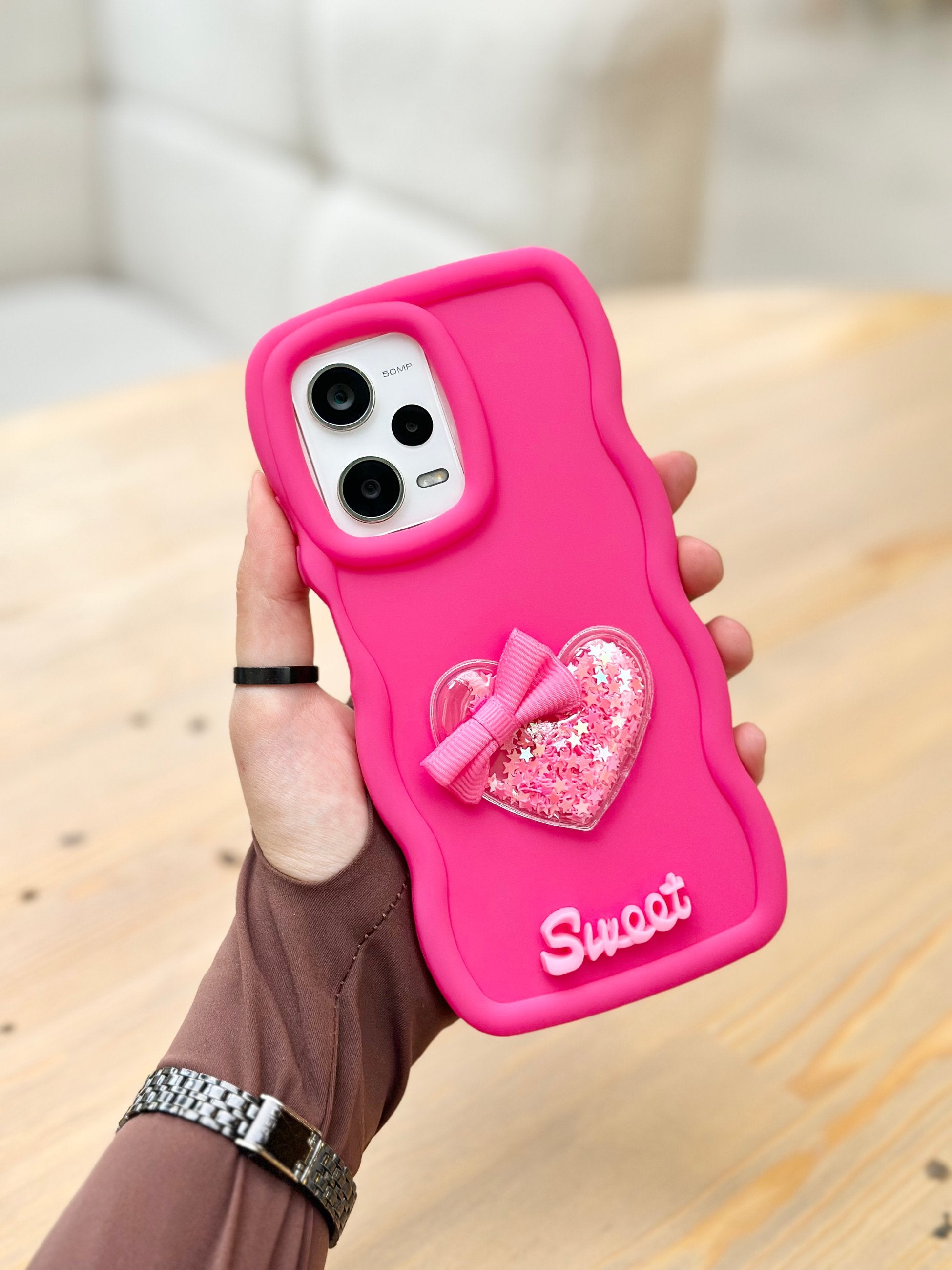 Redmi Note 12 Pro 5G Uyumlu Renkli Kalp Kurdele Detaylı Simli Dalgalı Sweety Kılıf