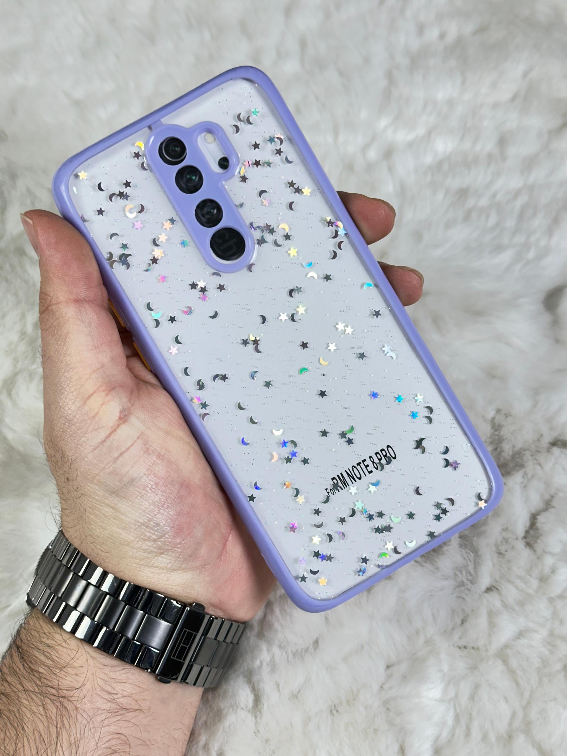 Xiaomi Redmi Note 8 Pro Arkası Sert Silikon Simli Yıldızlı Law Kılıf