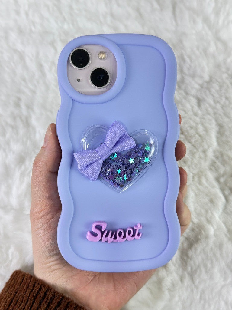 iPhone 14 Renkli Kalp Kurdele Detaylı Simli Dalgalı Sweety Kılıf