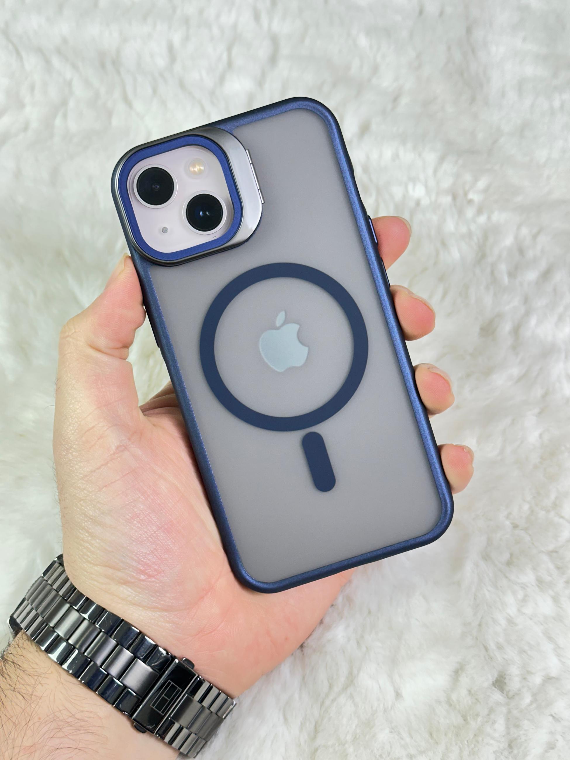 iPhone 13 Açılabilir Kamera Koruyucu Cam ve Stand Olabilen Arkası Mat Yanları Sert Silikon Duda Magsafe