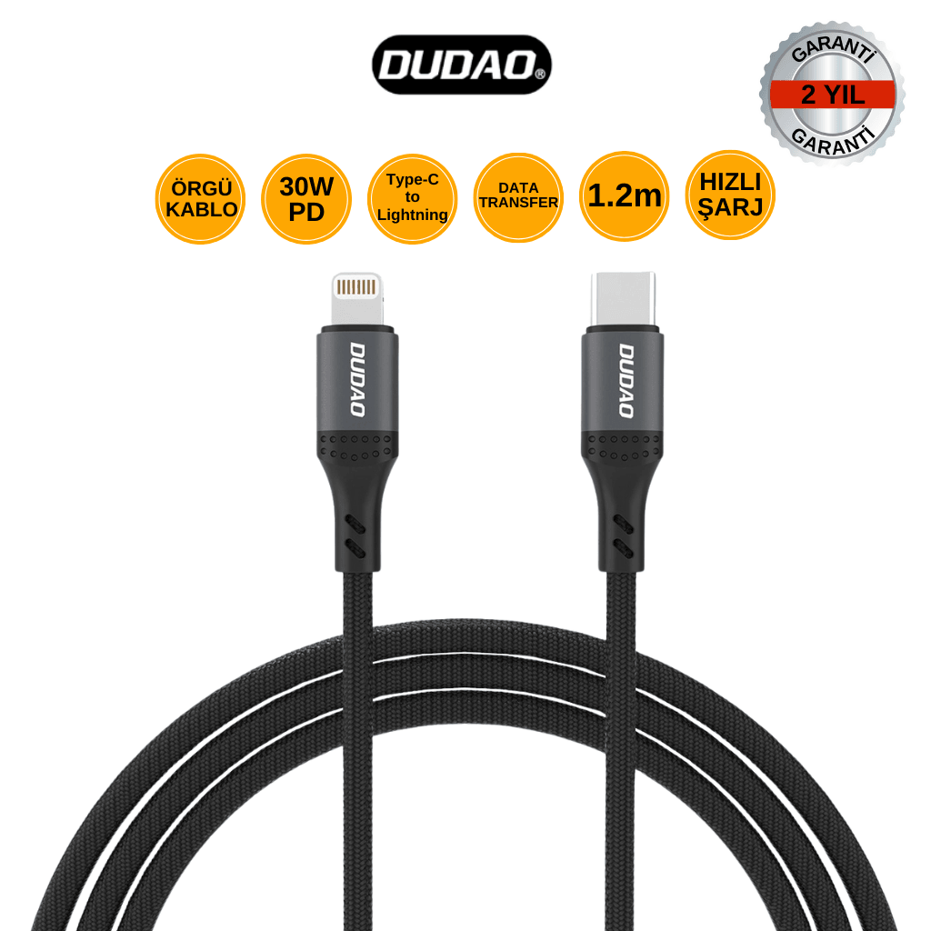 DUDAO L3CL 30W PD Type-C to Lightning Örgü Şarj ve Veri Kablosu - 1.2m, Hızlı Şarj