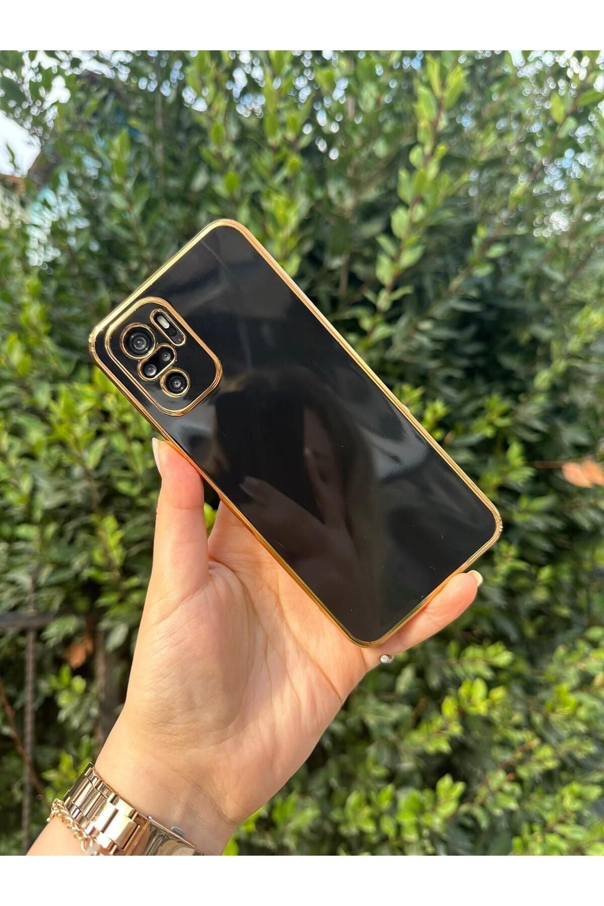 Xiaomi Redmi Note 10 - Note 10s Uyumlu Gold Kenarlı Parlak Kamera Korumalı Bark Kılıf