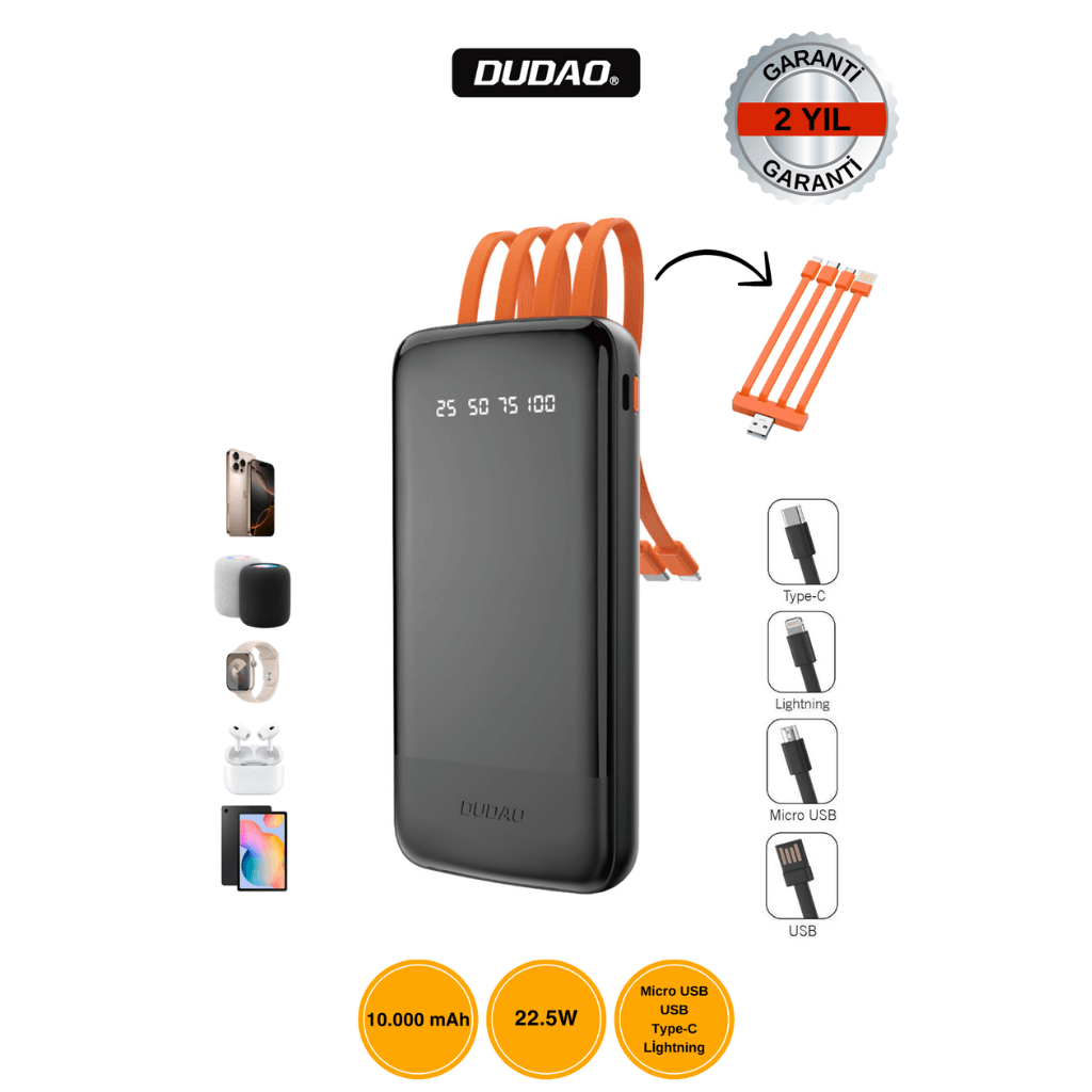 DUDAO K6PRO 10.000mAh Powerbank 22.5W Hızlı Şarj Siyah
