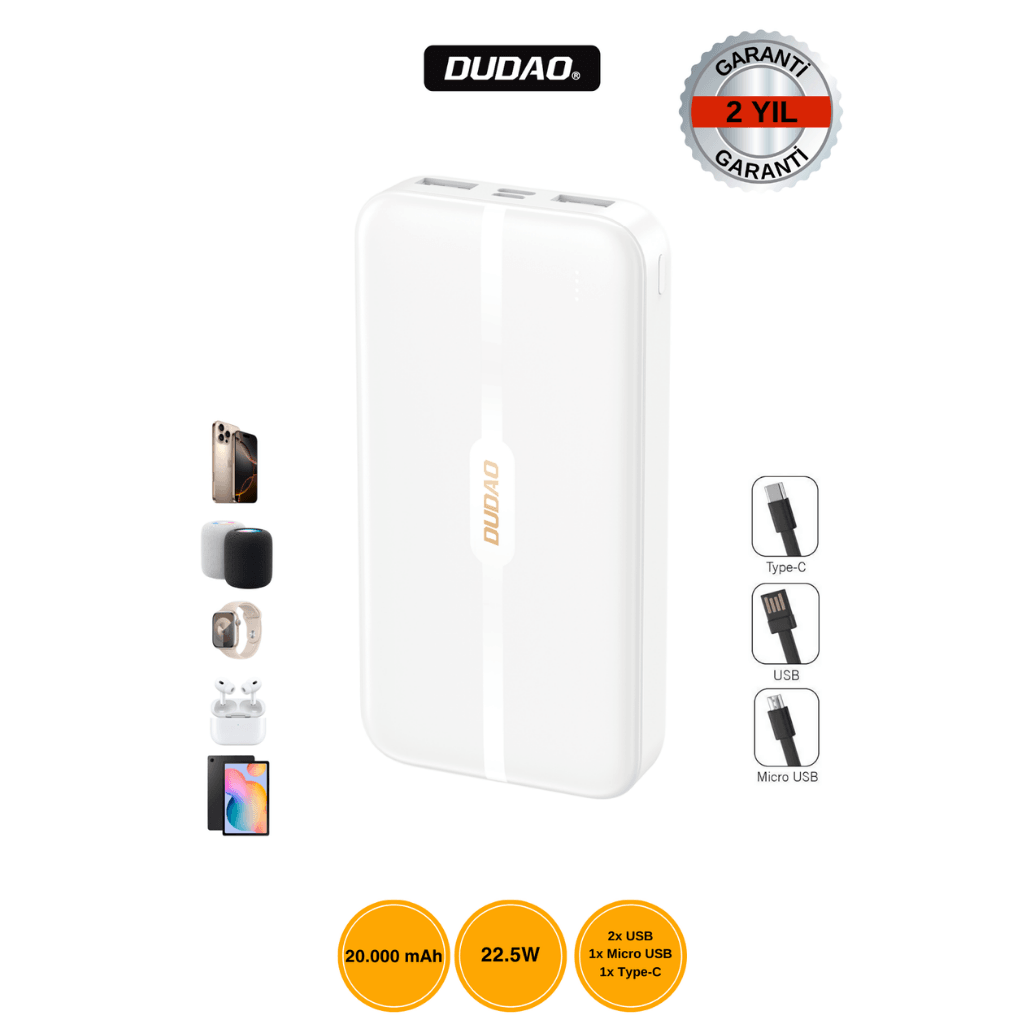 DUDAO K4S+ 20.000mAh Powerbank 22.5W Hızlı Şarj Beyaz