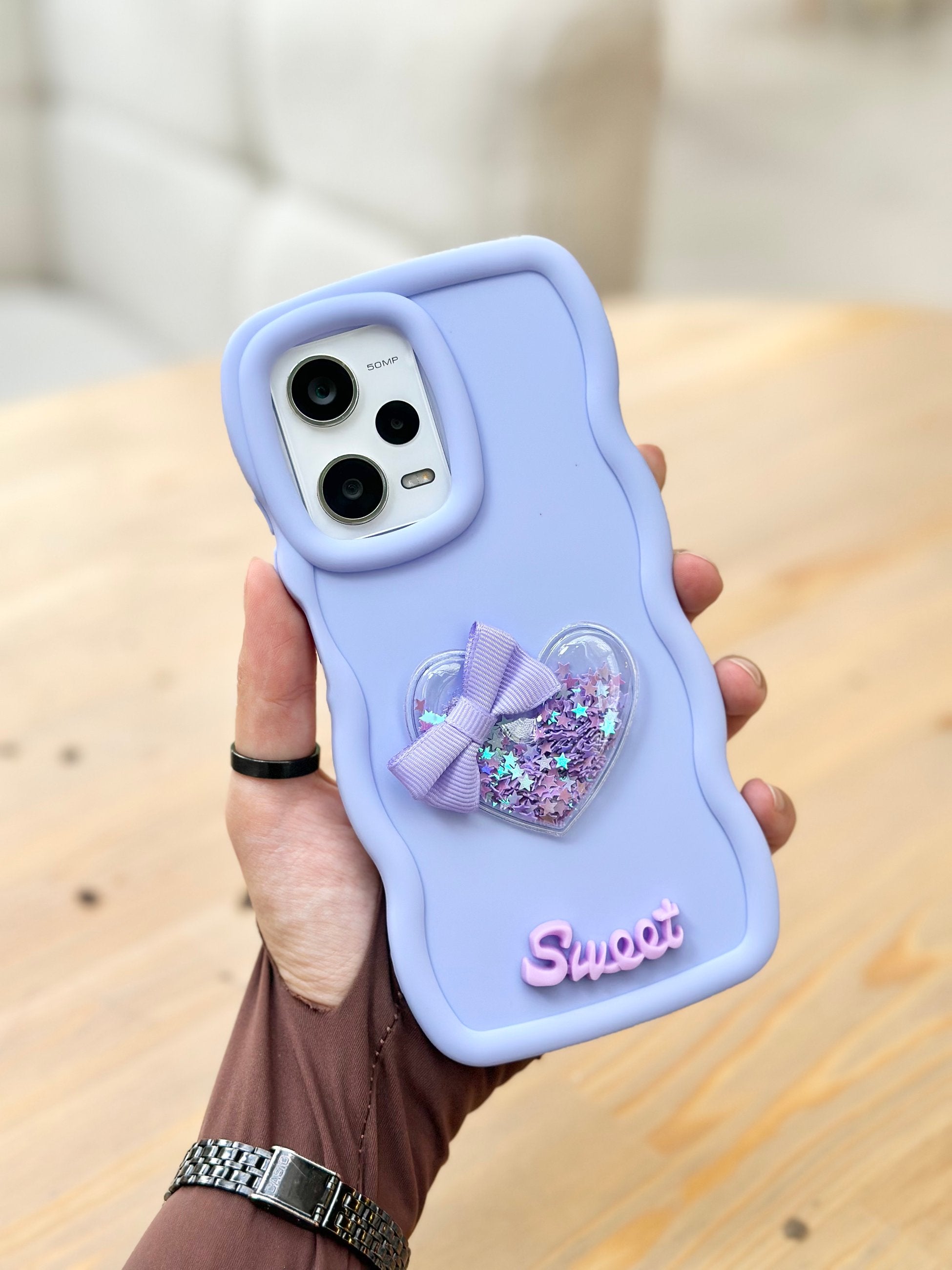 Redmi Note 12 Pro 5G Uyumlu Renkli Kalp Kurdele Detaylı Simli Dalgalı Sweety Kılıf