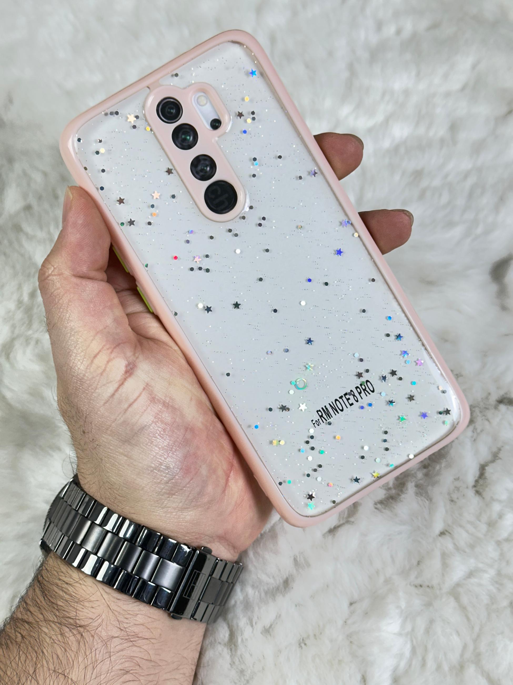 Xiaomi Redmi Note 8 Pro Arkası Sert Silikon Simli Yıldızlı Law Kılıf